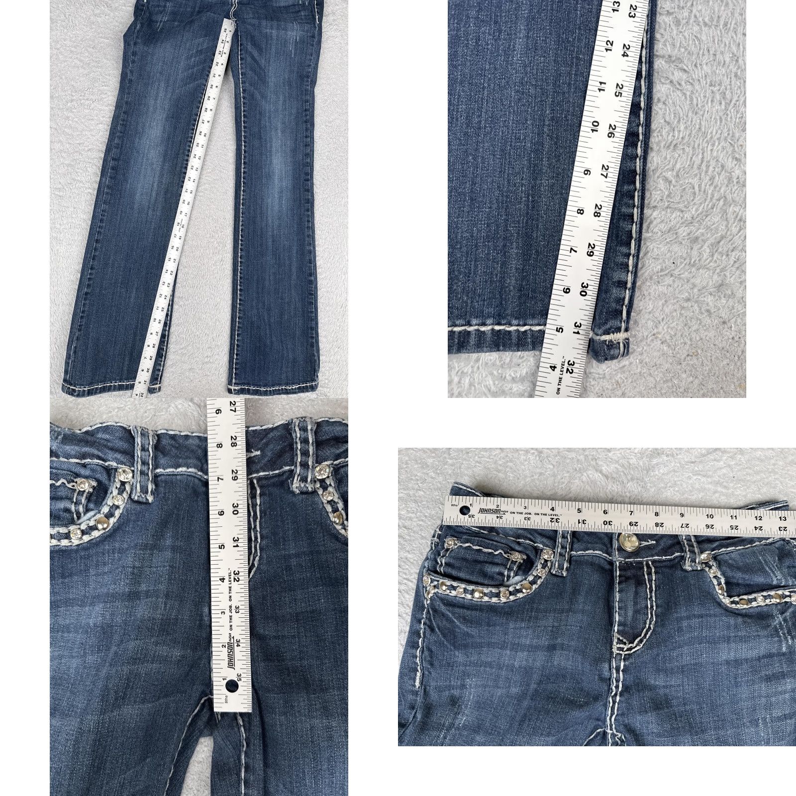 Vintage LA Idol Jeans Bootcut Juniors 9 Blue Medium Wash Low Rise Stretch 31x34 5-Pocket Denim Rhinestone Studded Womens Size 30" / US 8 / IT 44 - 8 Thumbnail