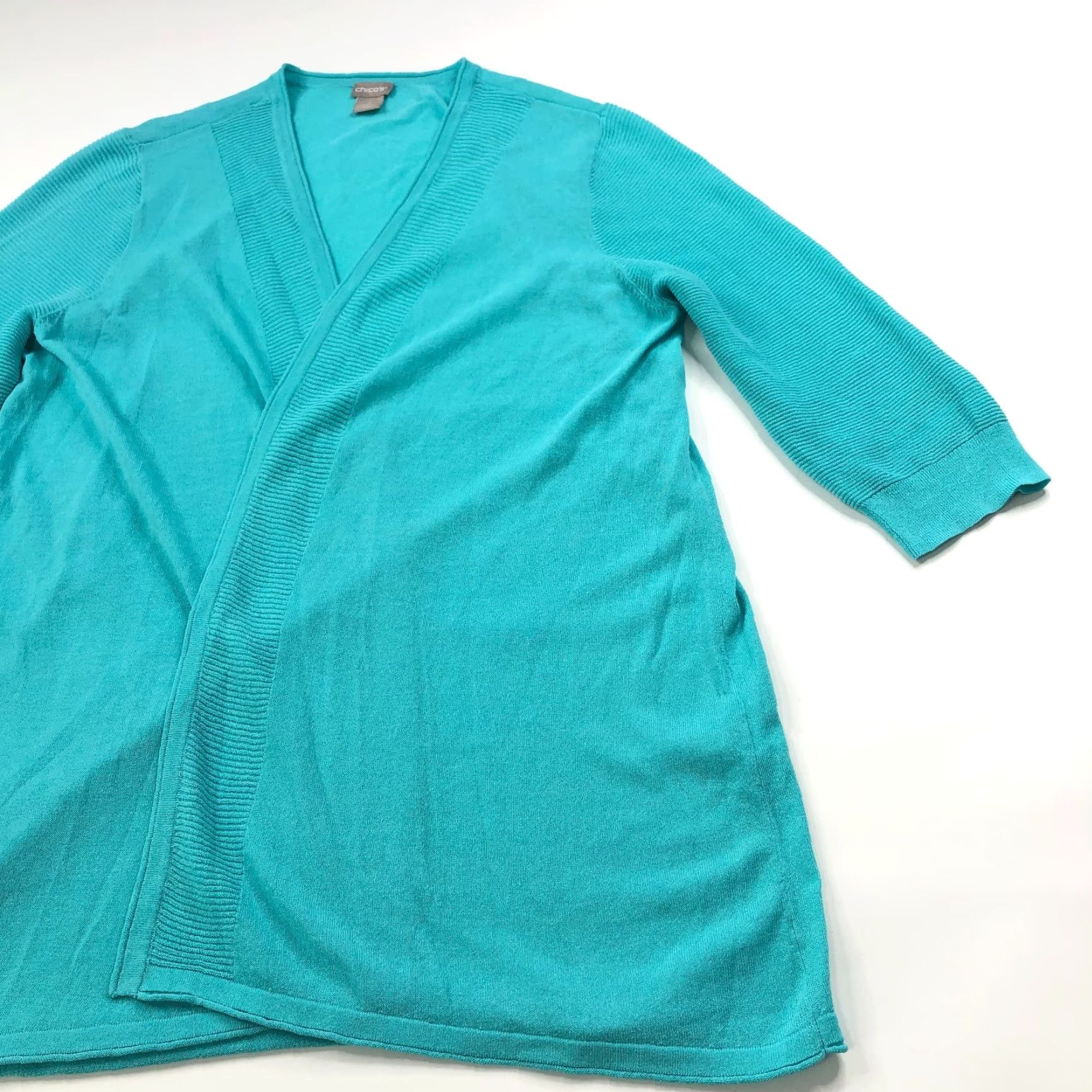 Vintage Chico's XS XL V-Neck Open Front Cardigan Duster Sweater Teal Blue Size XL / US 12-14 / IT 48-50 - 3 Thumbnail