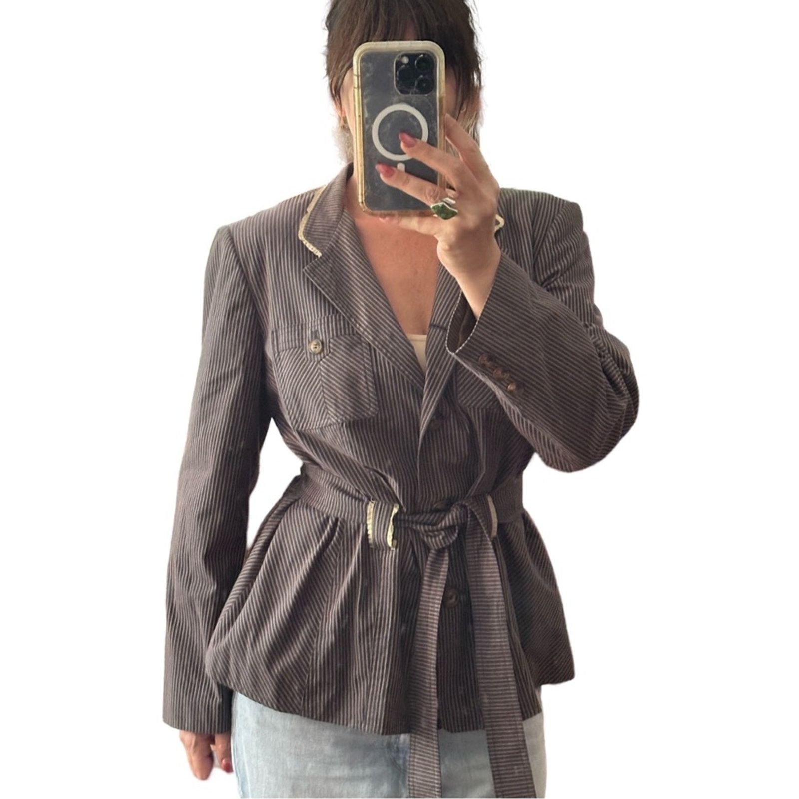 Other Apostrophe Cotton Striped Blazer Jacket With Belt Size XXL / US 16-18 / IT 52-54 - 1 Thumbnail