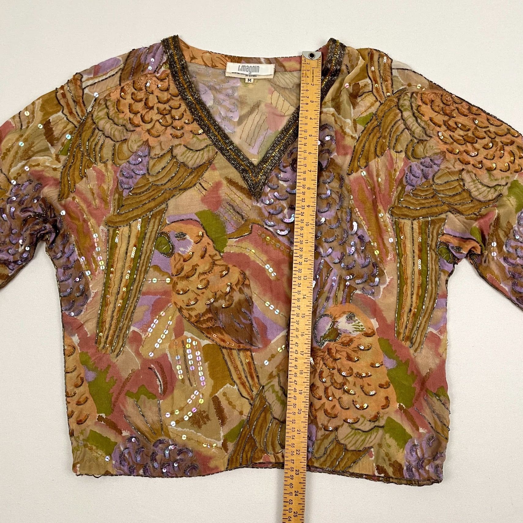 I. Magnin VINTAGE I. MAGNIN Blouse Womens Medium Silk Bird Parrot Beaded Sequin Fairy 70s 80s Size M / US 6-8 / IT 42-44 - 5 Thumbnail