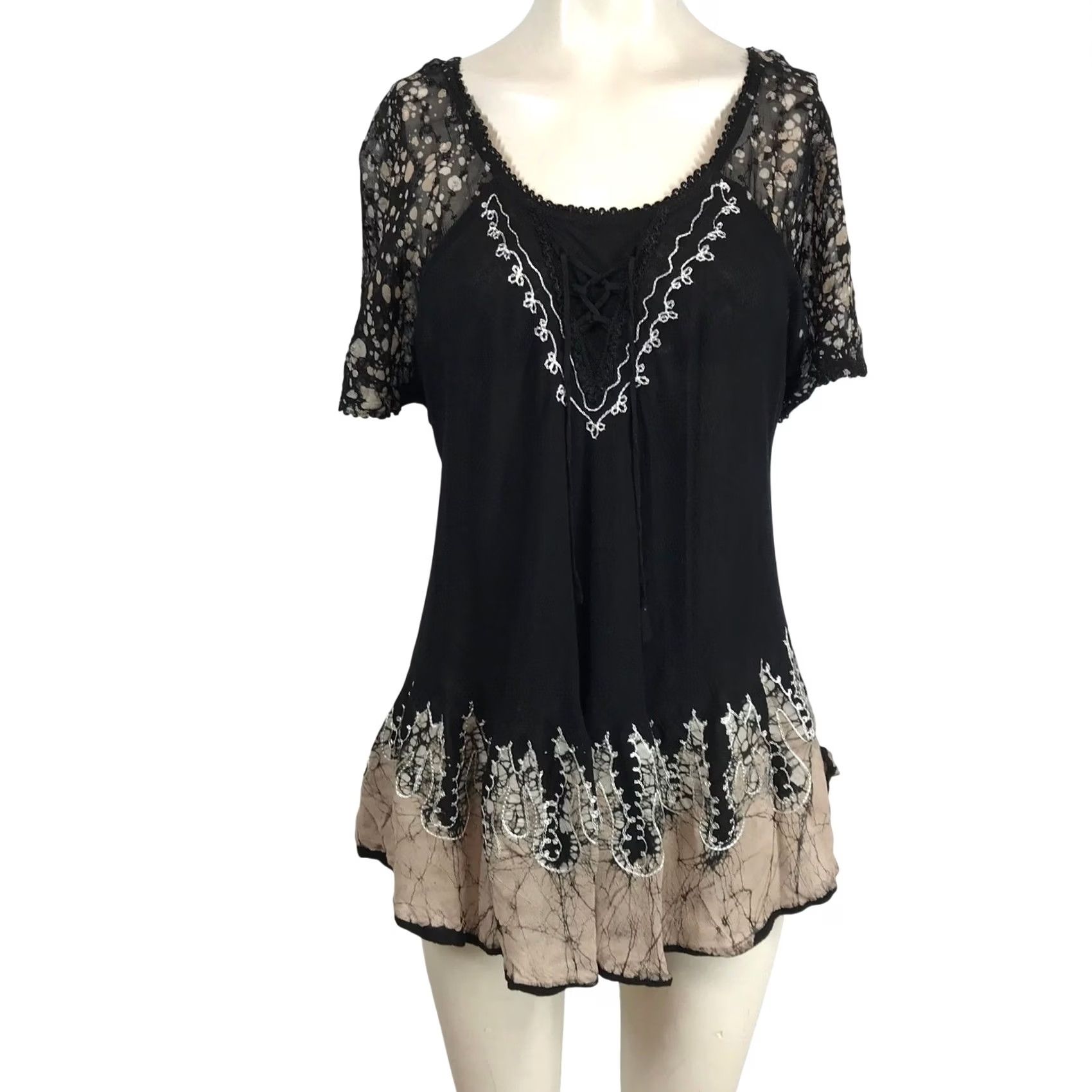 Vintage VINTAGE Sakkas Womens Black Lace Embroidered Batik Tunic Top Free Size Boho Lace-Up Shirt Womens XS? Size ONE SIZE - 2 Thumbnail