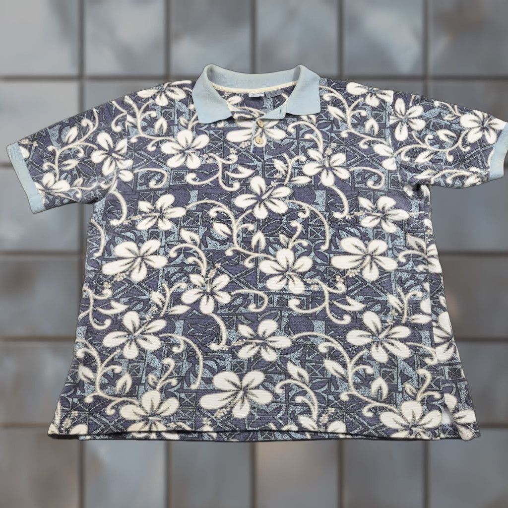 Vintage VINTAGE OP Polo Shirt Mens XL Blue Floral Hawaiian Tropical Knit Cotton Short Sleeve Size US XL / EU 56 / 4 - 1 Thumbnail