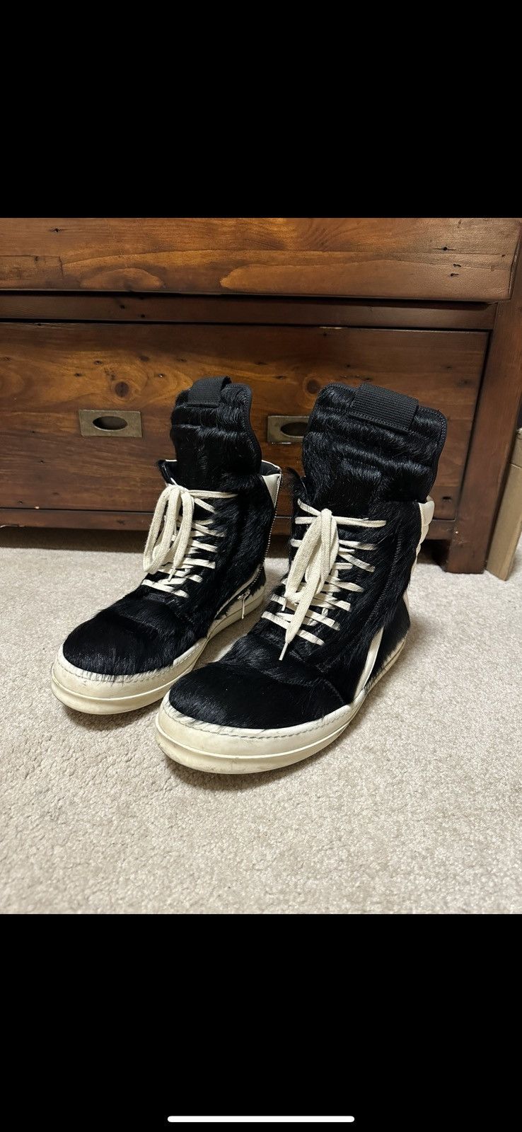 image of Rick Owens Ss23 Pony Hair Geobasket Shoes in Black, Men's (Size 12)