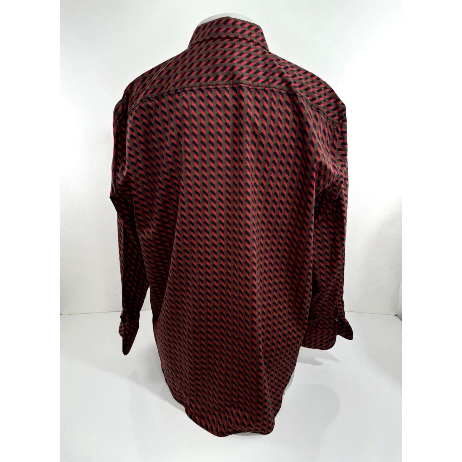 Salvatore Ferragamo Salvatore Ferragamo Geometric Mens XL Shirt Red / Black / Grayish Olive Button-Up Long Sleeve Size US XL / EU 56 / 4 - 3 Thumbnail