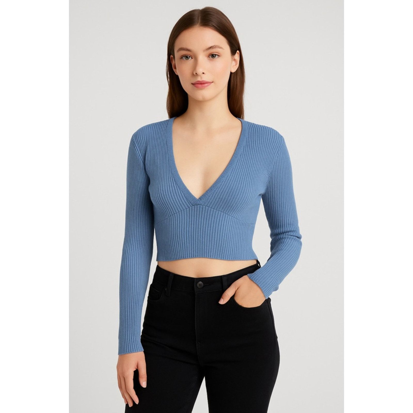 Other Y2K Ribbed Knit Blue Deep V-Neck Cropped Sweater L Size L / US 10 / IT 46 - 1 Thumbnail