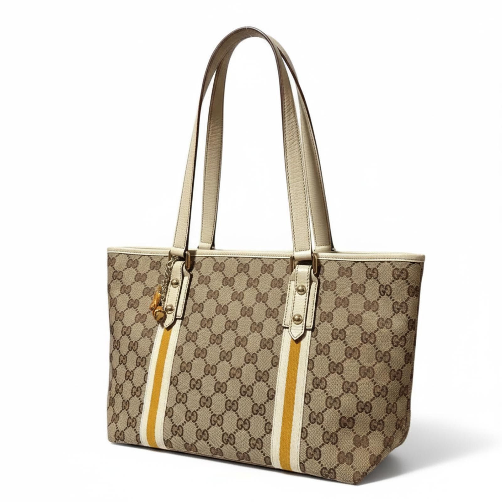 Gucci Gucci - Beige GG Canvas Tote Bag Yellow White Stripes Size ONE SIZE - 1 Thumbnail