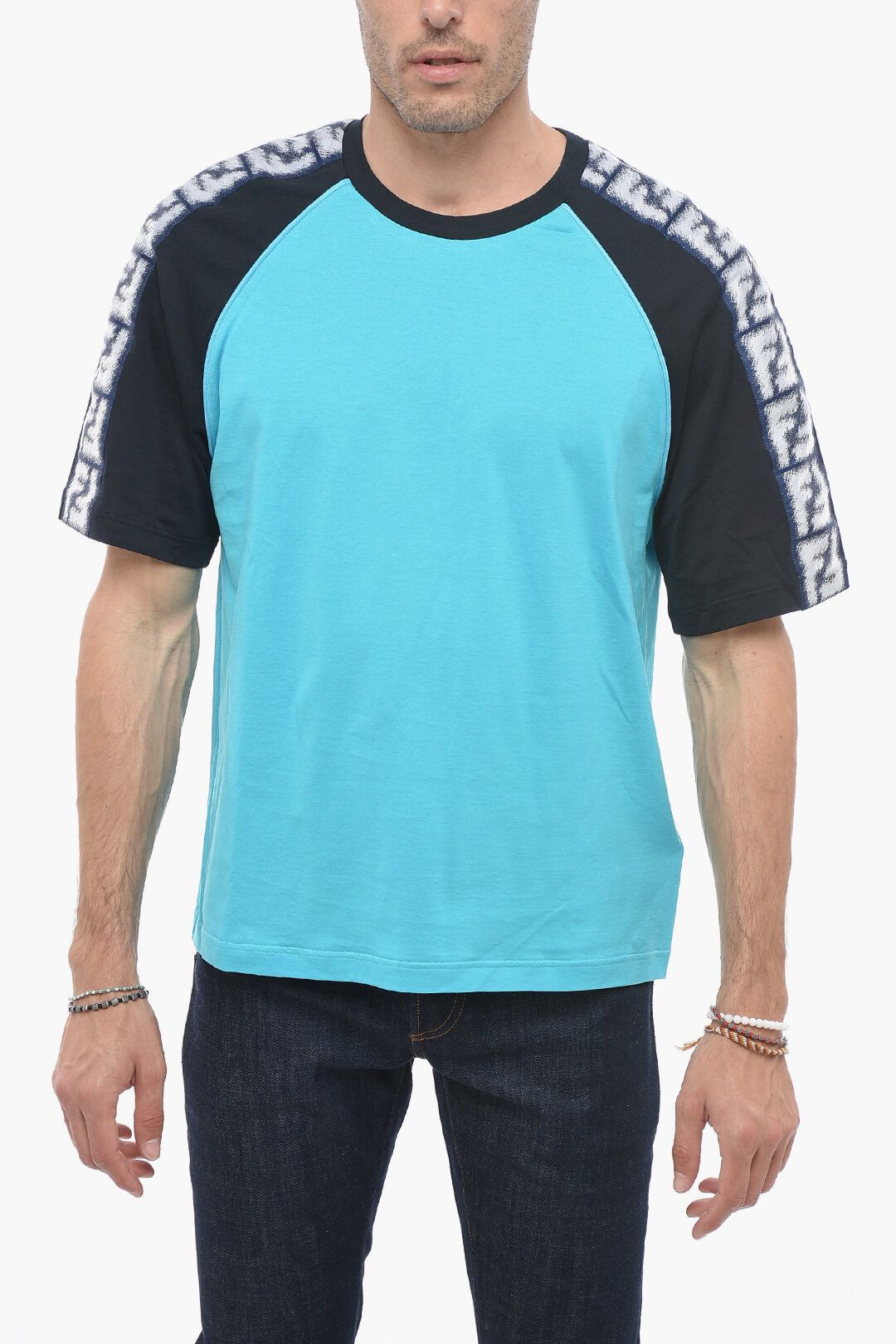 image of Fendi Og1Mm0424 Crewneck Cotton T-Shirt In Blue, Men's (Size Small)