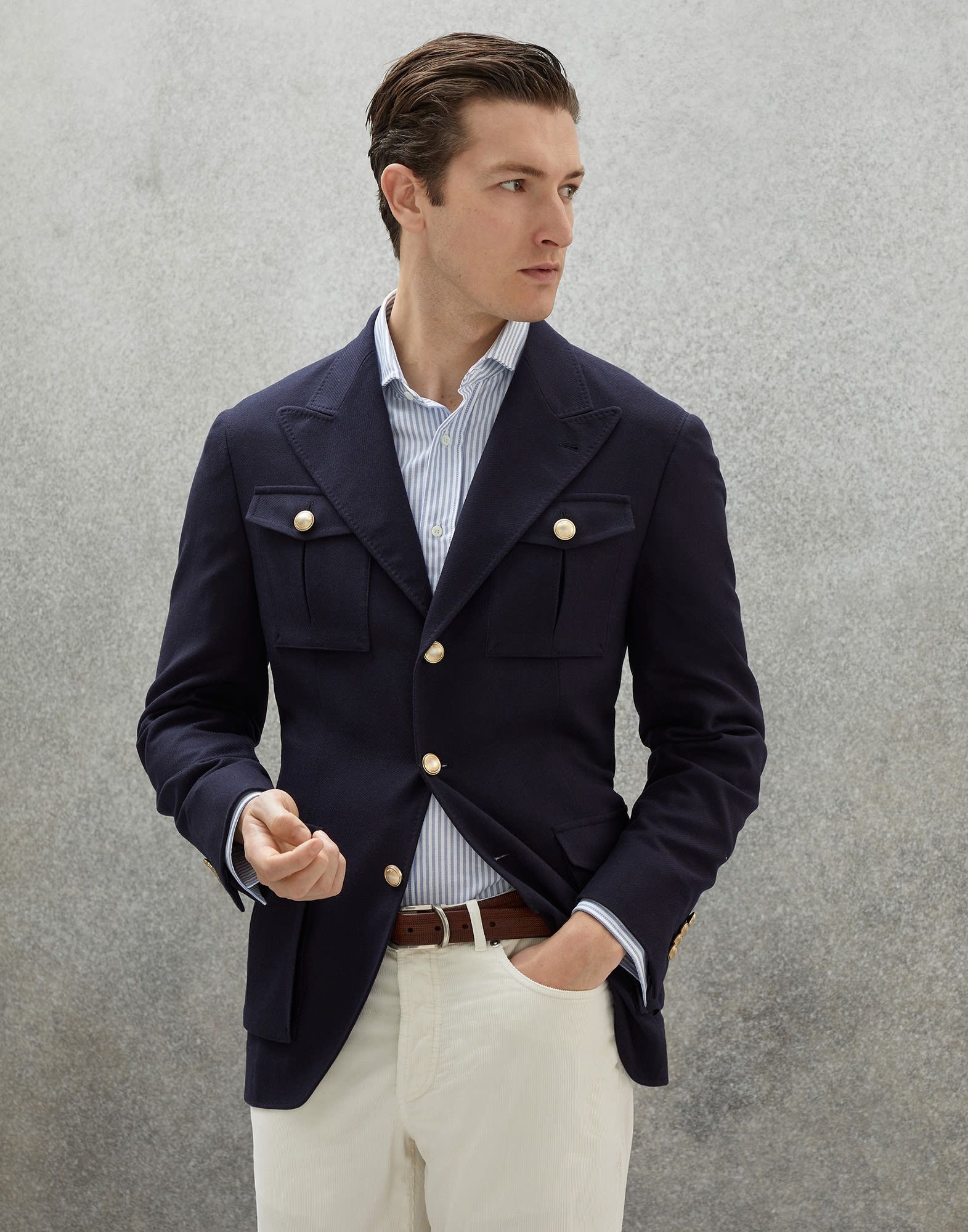 Brunello Cucinelli o1w1db10225 Diagonal Blazer With Safari-Style Pockets Navy Size US S / EU 44-46 / 1 - 1 Thumbnail