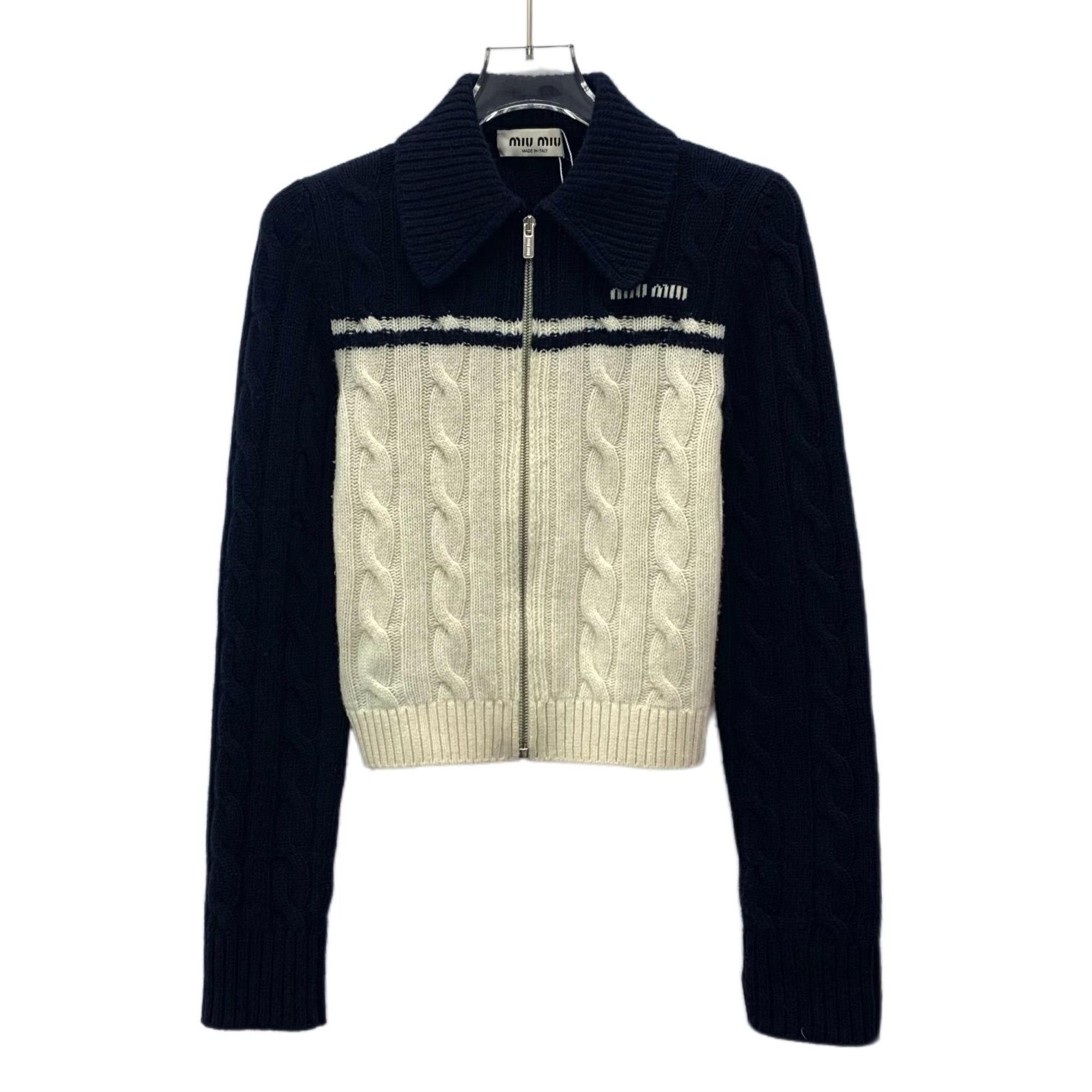 Miu Miu Miu Miu Navy & White Cable Knit Wool Blend Cropped Sweater J Size XS / US 0-2 / IT 36-38 - 1 Thumbnail