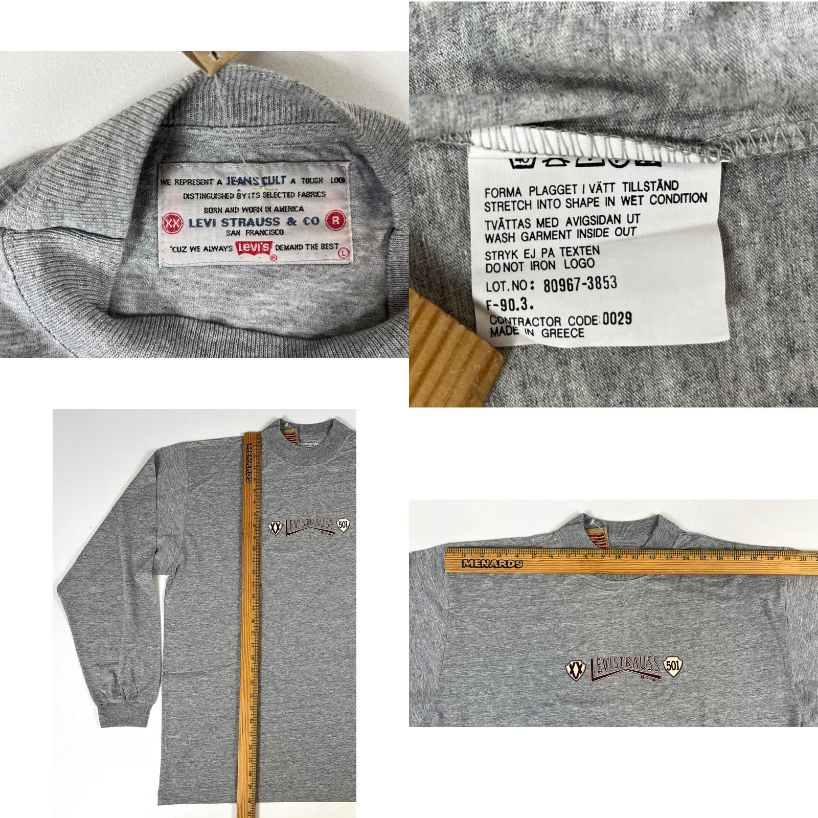Levi's VINTAGE Levi's 501 Jeans Cult Men's T-Shirt Long Sleeve Sz L Gray 90s Crew Neck NOS Size US L / EU 52-54 / 3 - 8 Thumbnail