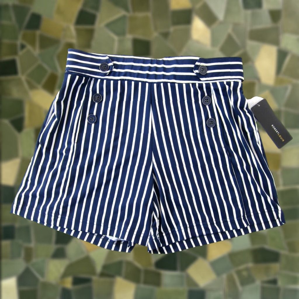 Vintage NWT Robert Louis Navy Blue White Stripe Stretch High Rise Pocket Sailor Shorts S Size 28" / US 6 / IT 42 - 1 Thumbnail