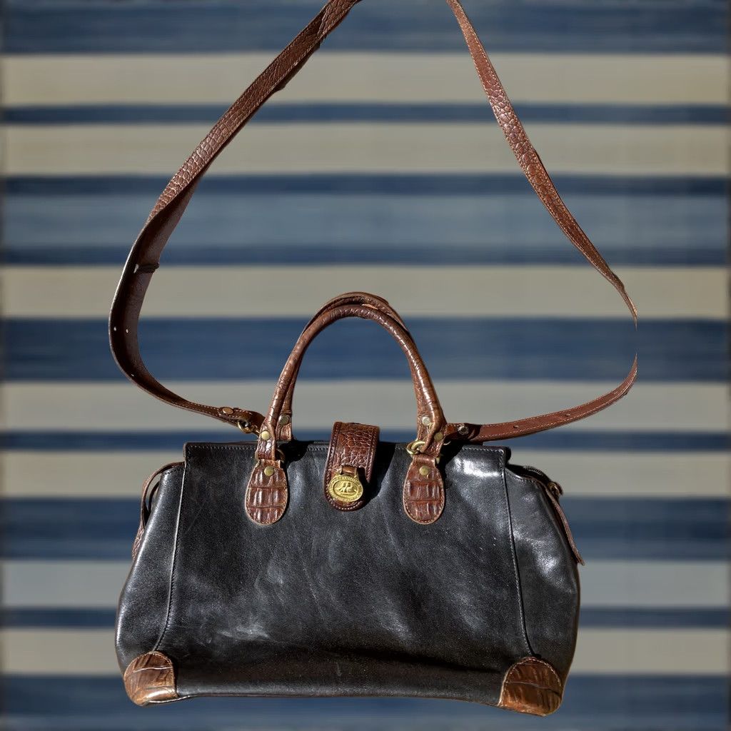 BRAHMIN VINTAGE Brahmin Shoulder Bag Cross Body Leather Tote Handbag Purse Black Ladies Medium Bag Charm Brown Croc Leather Size ONE SIZE - 1 Thumbnail