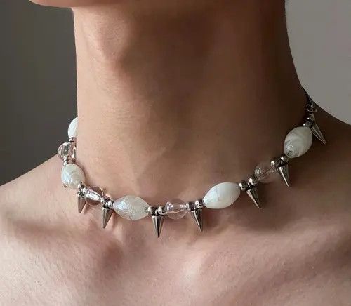 Jewelry White Beaded Spike Spiked Choker Necklace, Punk Jewelry Size ONE SIZE - 2 Thumbnail