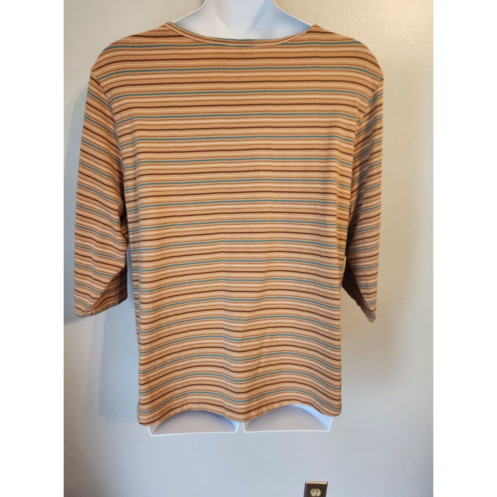 Faded Glory Faded Glory Blouse Shirt Multicolor Striped Short Sleeve Split Neck Ladies 4X Plus Size White Brown Blue Chartreuse Pants? Size XXL / US 16-18 / IT 52-54 - 5 Thumbnail