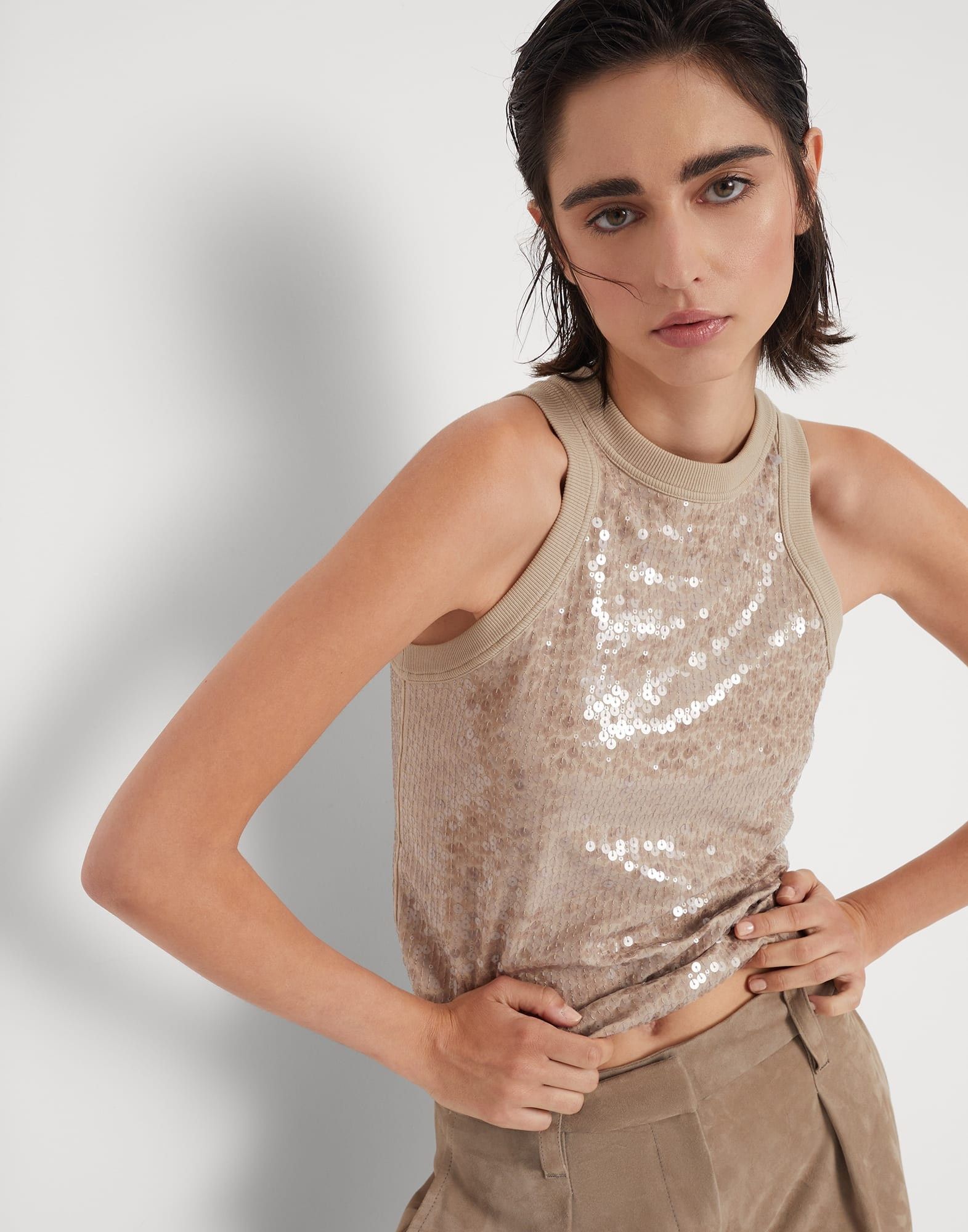 Brunello Cucinelli o1w1db10825 Tank Top in Light Beige Size M / US 6-8 / IT 42-44 - 3 Thumbnail