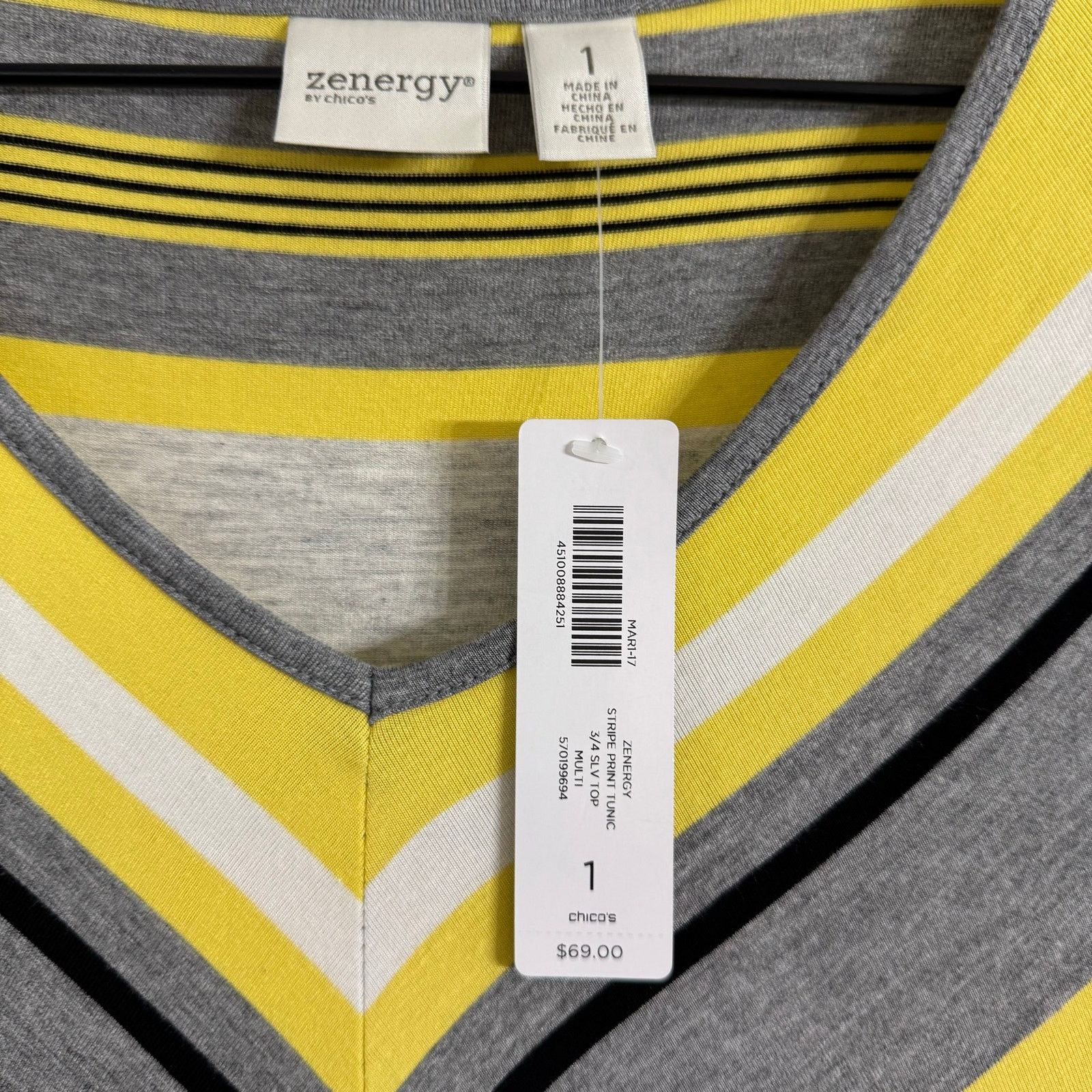 Chicos Chico’s Zenergy Yellow & Gray Striped Tunic Top Size 1 New Size M / US 6-8 / IT 42-44 - 2 Thumbnail