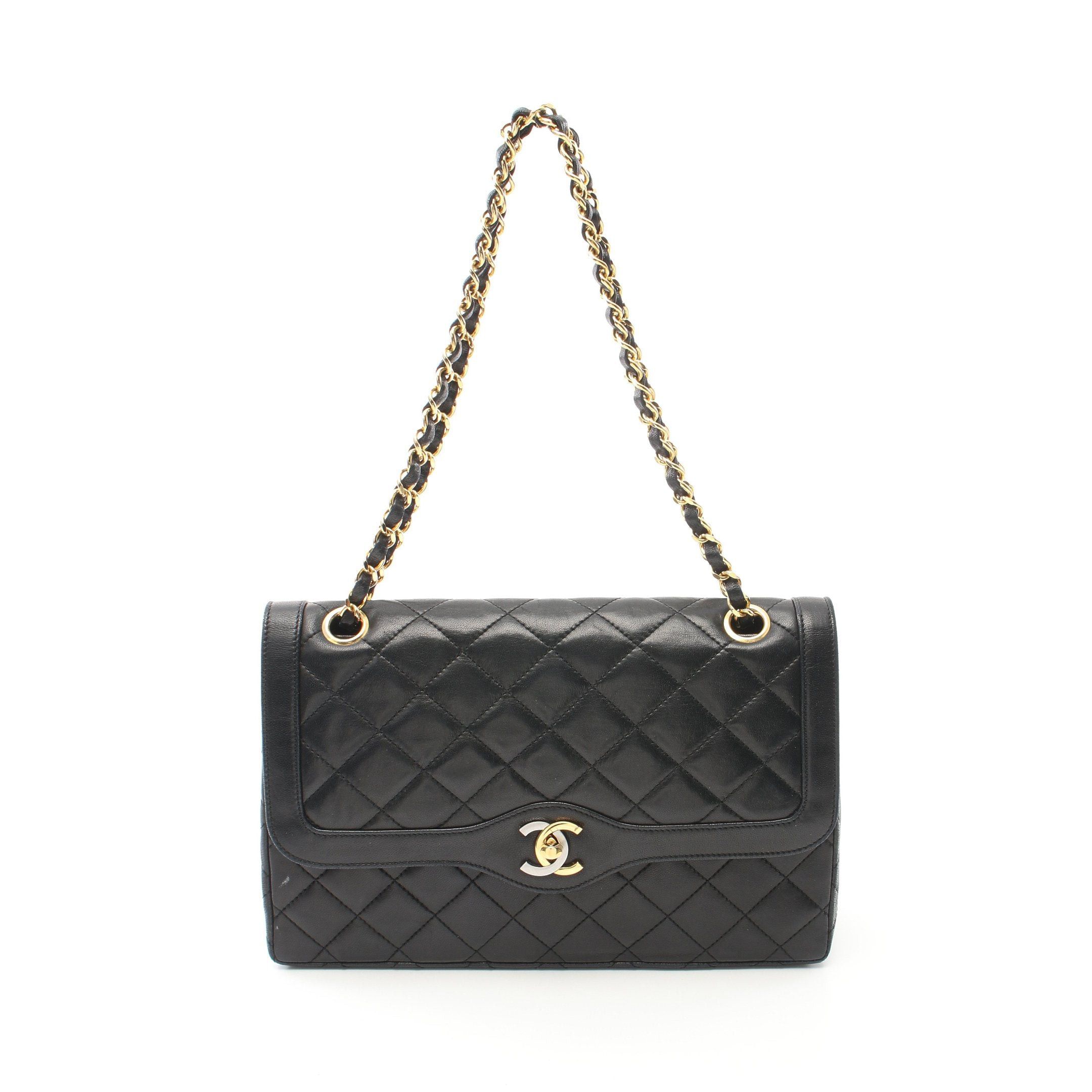 Chanel Double Chain Shoulder Bag Lambskin Black Combination Metal Fittings