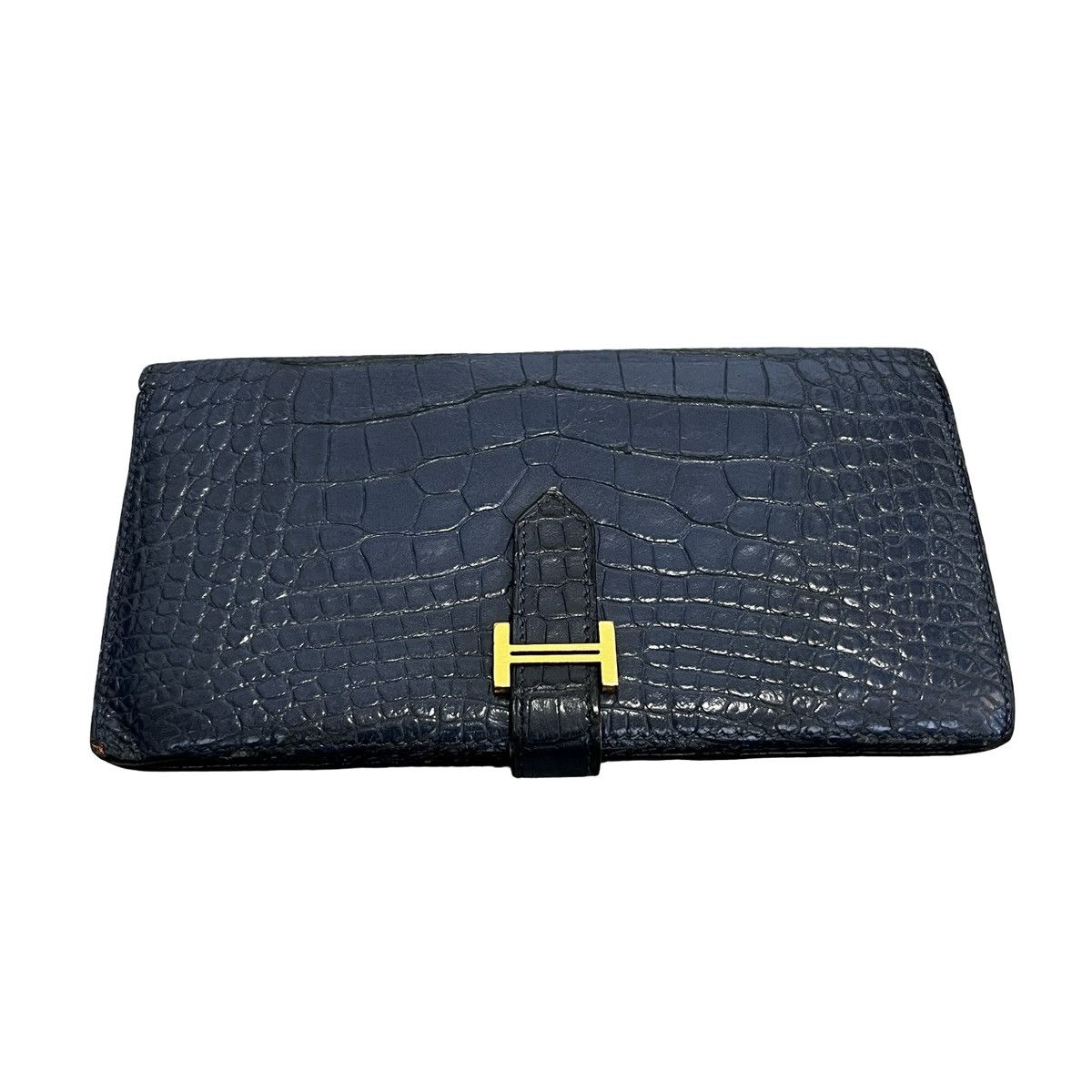 Hermes HERMES Bearn Crocodile Porosus Navy Gold Hardware Wallet Size ONE SIZE - 1 Thumbnail