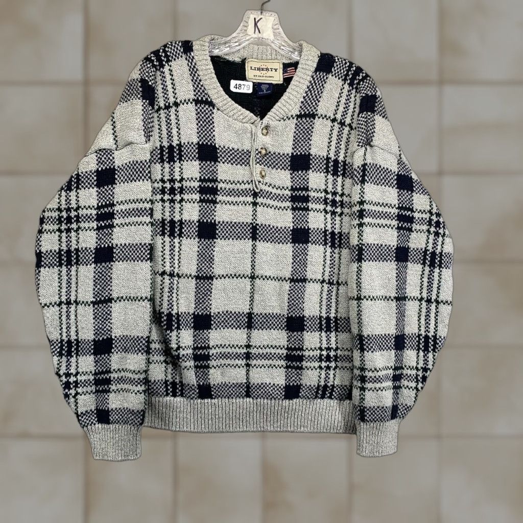 Vintage VINTAGE Liberty By Old Glory Men's Sweater 90s Henley V-Neck Boxy Fit Medium Plaid Gray Green Navy Heavyweight Size US M / EU 48-50 / 2 - 1 Thumbnail