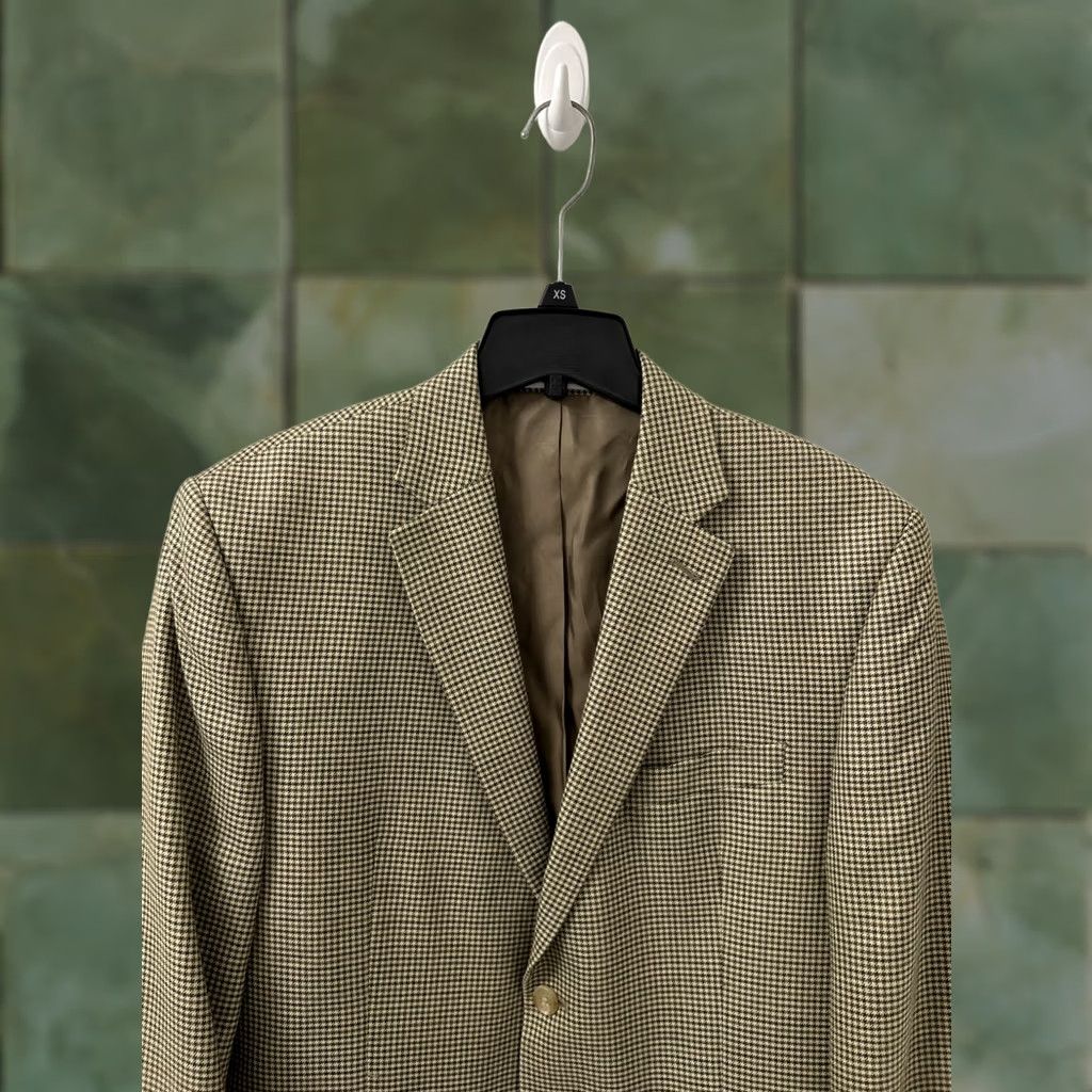 Ralph Lauren VINTAGE Lauren Ralph Lauren Blazer Mens 40S Brown Houndstooth Wool Silk Blend Jacket Coat Regular Notch Two-Button Front Size 40R - 1 Thumbnail