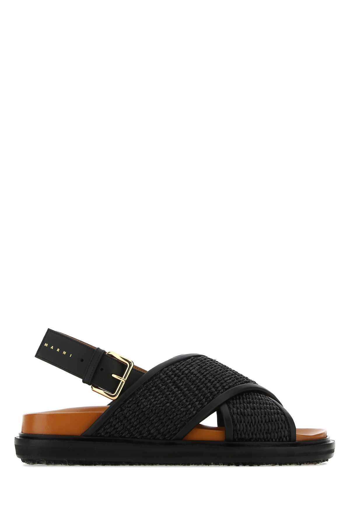 image of Marni Black Raffia And Leather Fussbett Sandals, Women's (Size 5)