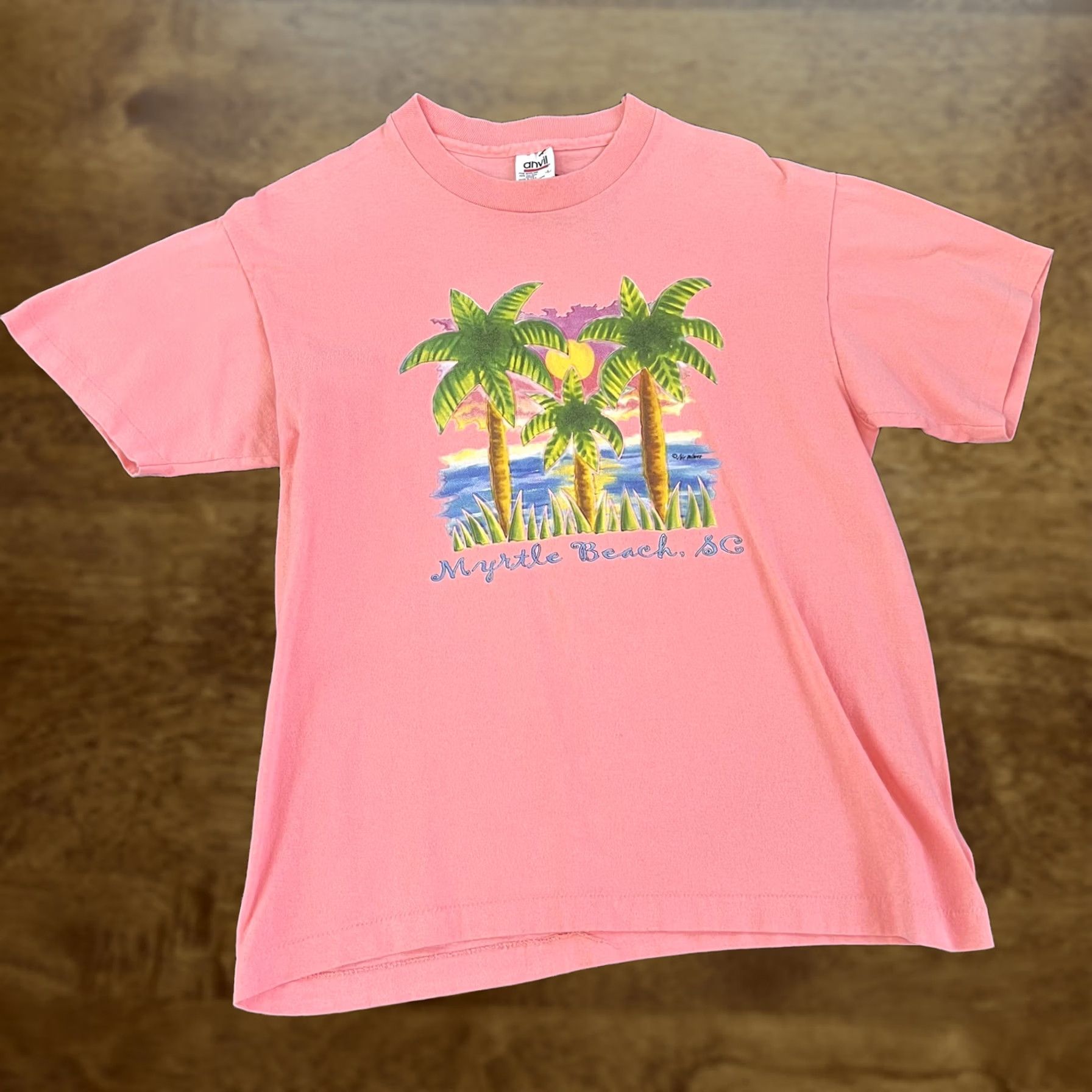 Anvil VINTAGE Myrtle Beach Shirt Mens Large Pink Palm Trees Graphic South Carolina Tee Size US L / EU 52-54 / 3 - 1 Thumbnail