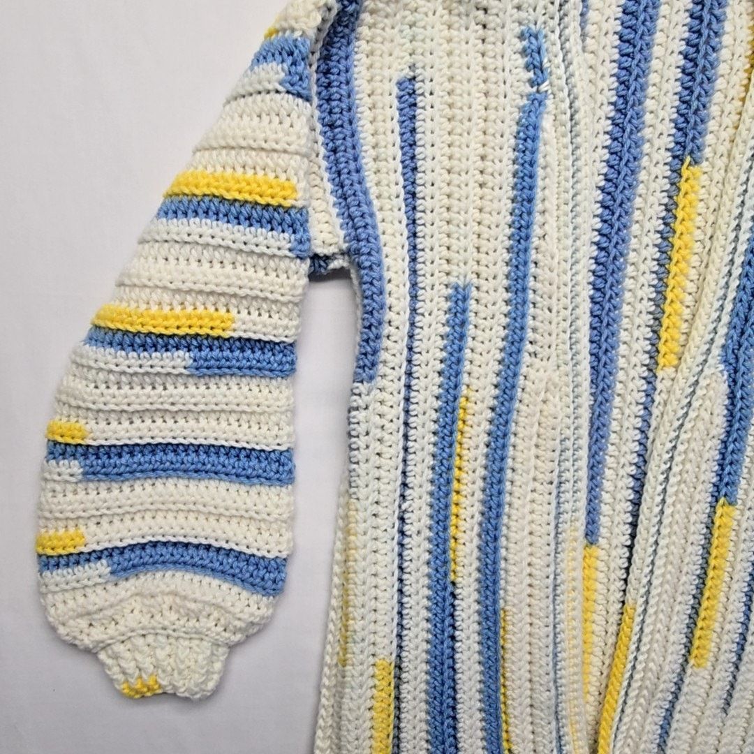 Handmade Knitted Cardigan Womens L Striped Blue White Sweater Size L / US 10 / IT 46 - 2 Thumbnail