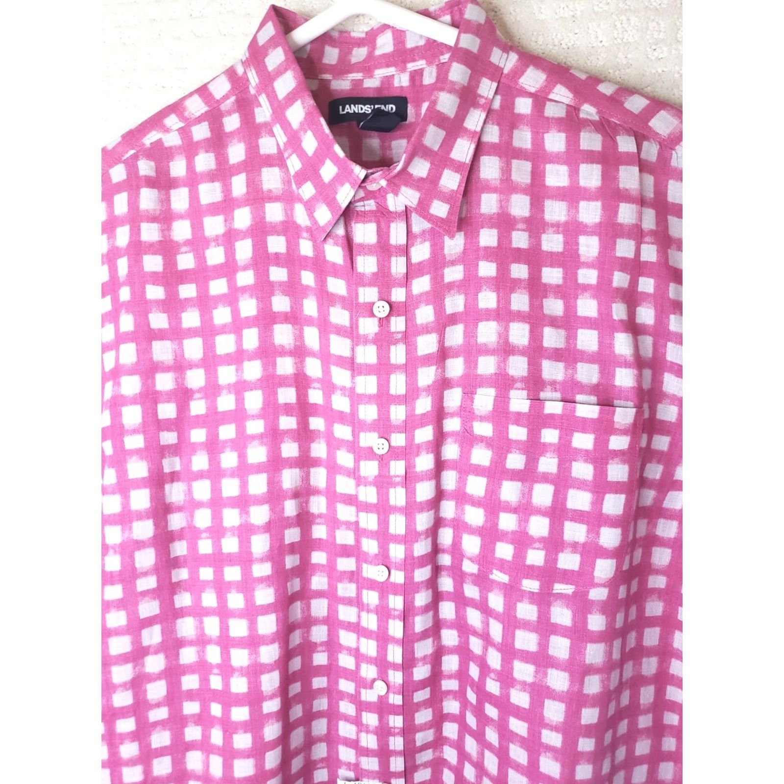 Lands' End Lands' End Linen Shirt Short Sleeve Button-Up Pink/White Check L Men’s Classic Fit 100% Linen breathable Casual Party/Cocktail Travel Size US L / EU 52-54 / 3 - 3 Thumbnail