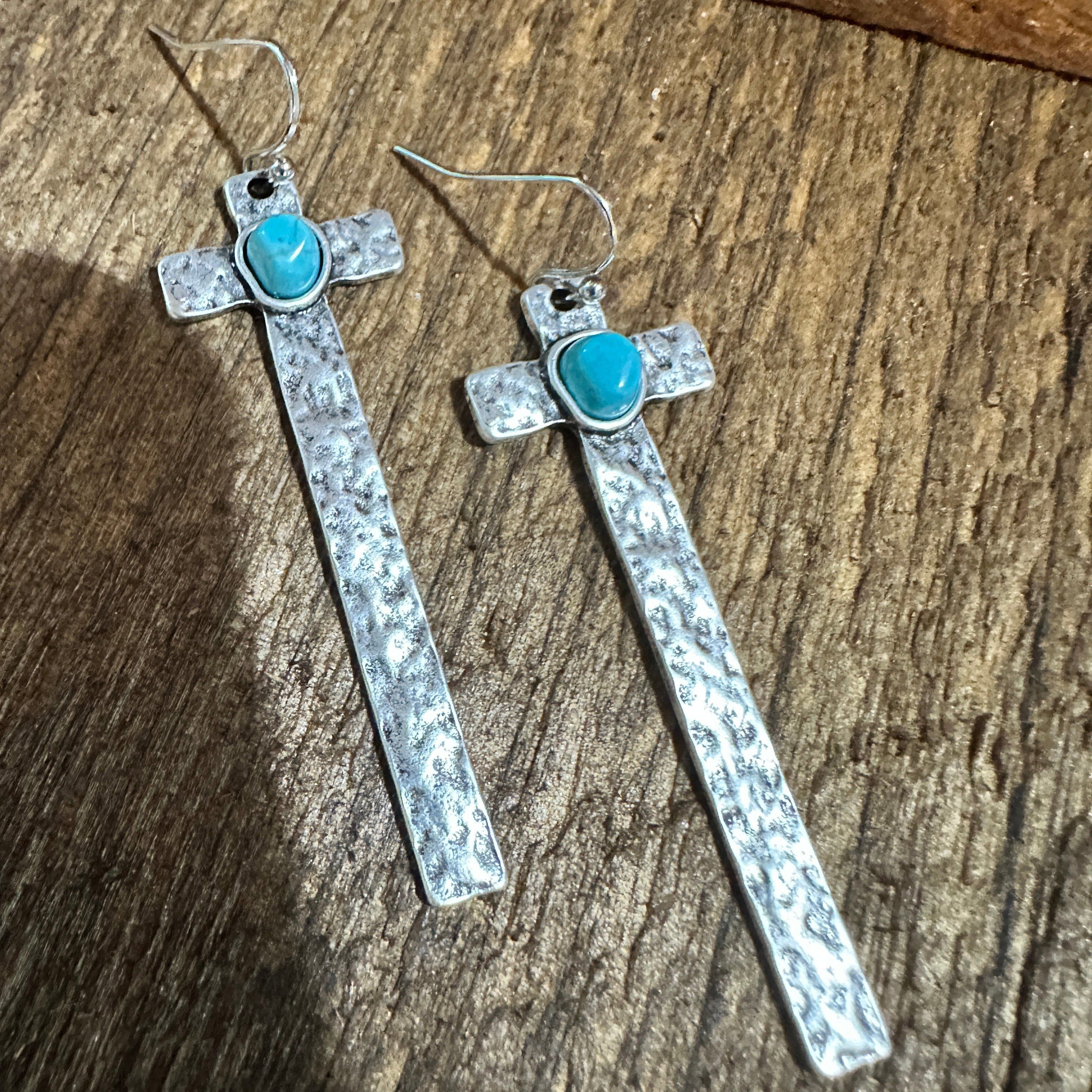 Other Cross Turquoise Earrings with Hammered Design, Southwestern Size ONE SIZE - 6 Thumbnail
