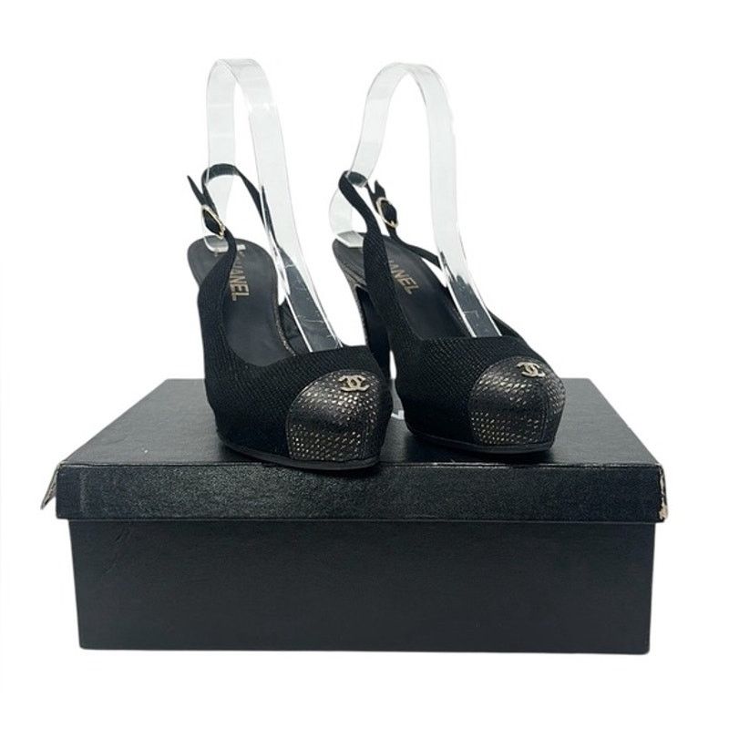 Chanel Tweed Shoes Black Slingback Cap Toe Cc Logo Heels, Women's (Size 8)