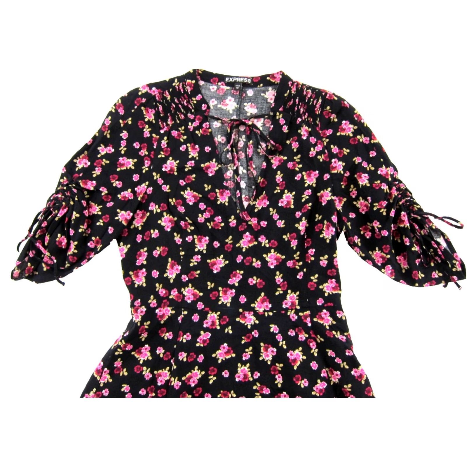 Express EXPRESS Dress Woman XS Short Sheath V-Neck Floral Rose 100% Rayon Black Pink Size 26" / US 2 / IT 38 - 4 Thumbnail