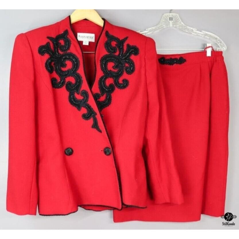 image of John Meyer Red Double Breasted Beaded Appliques Skirt And Ja in Red/Black, Women's (Size 34)