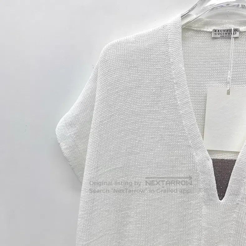 Brunello Cucinelli Brunello Cucinelli White sequin design cotton V-neck short Size S / US 4 / IT 40 - 3 Thumbnail