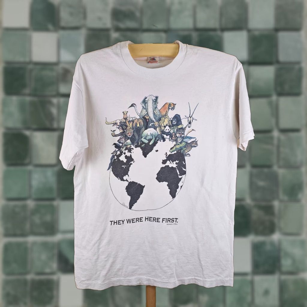 Fruit Of The Loom VINTAGE THEY WERE HERE FIRST WHITE SINGLE STITCH COTTON T-SHIRT SZ LARGE Mens Shirt 90s Cotton Popular Brand Fruit of the Loom T-Shirt White Ss 90s Size US L / EU 52-54 / 3 - 1 Thumbnail