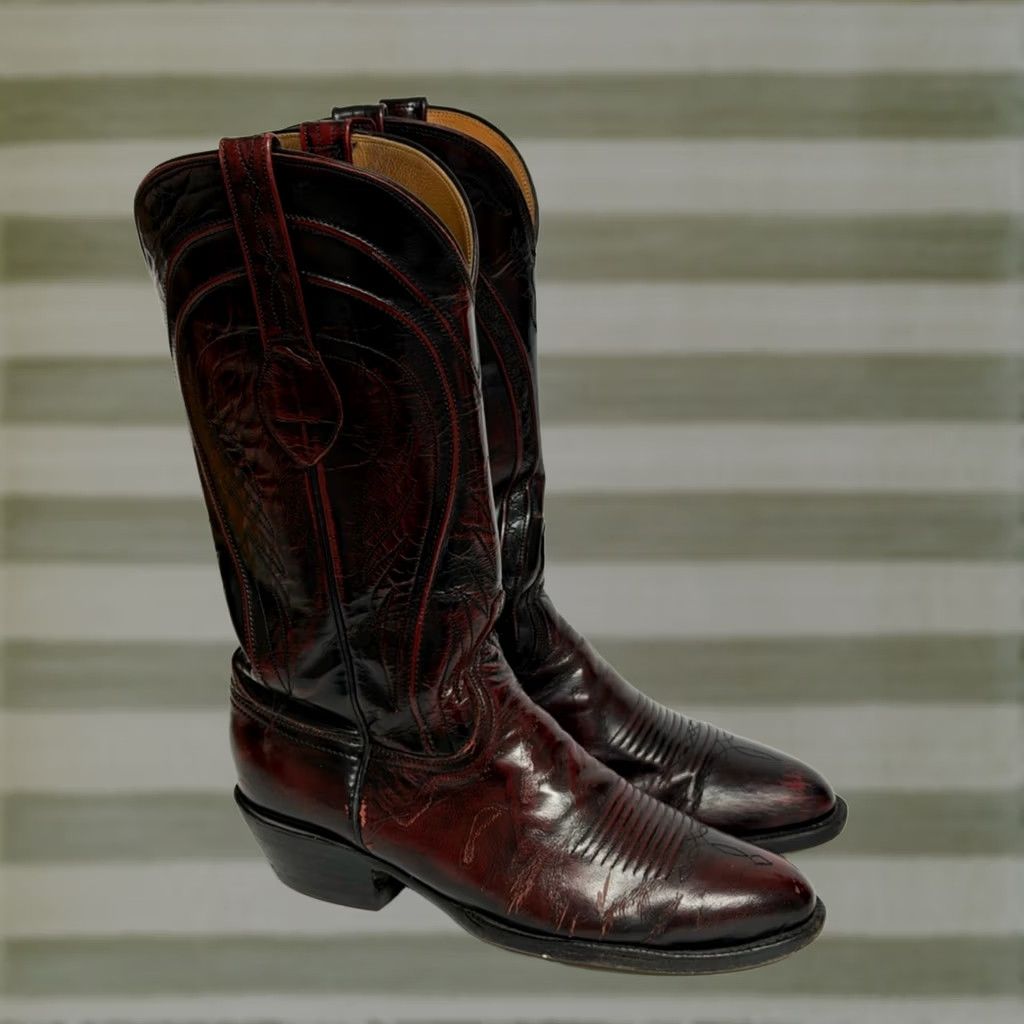 Vintage VTG Lucchese Cowboy Boots Mens 8 D Black Cherry Leather Western USA Boots XL? Wait Size US 8 / EU 41 - 1 Thumbnail