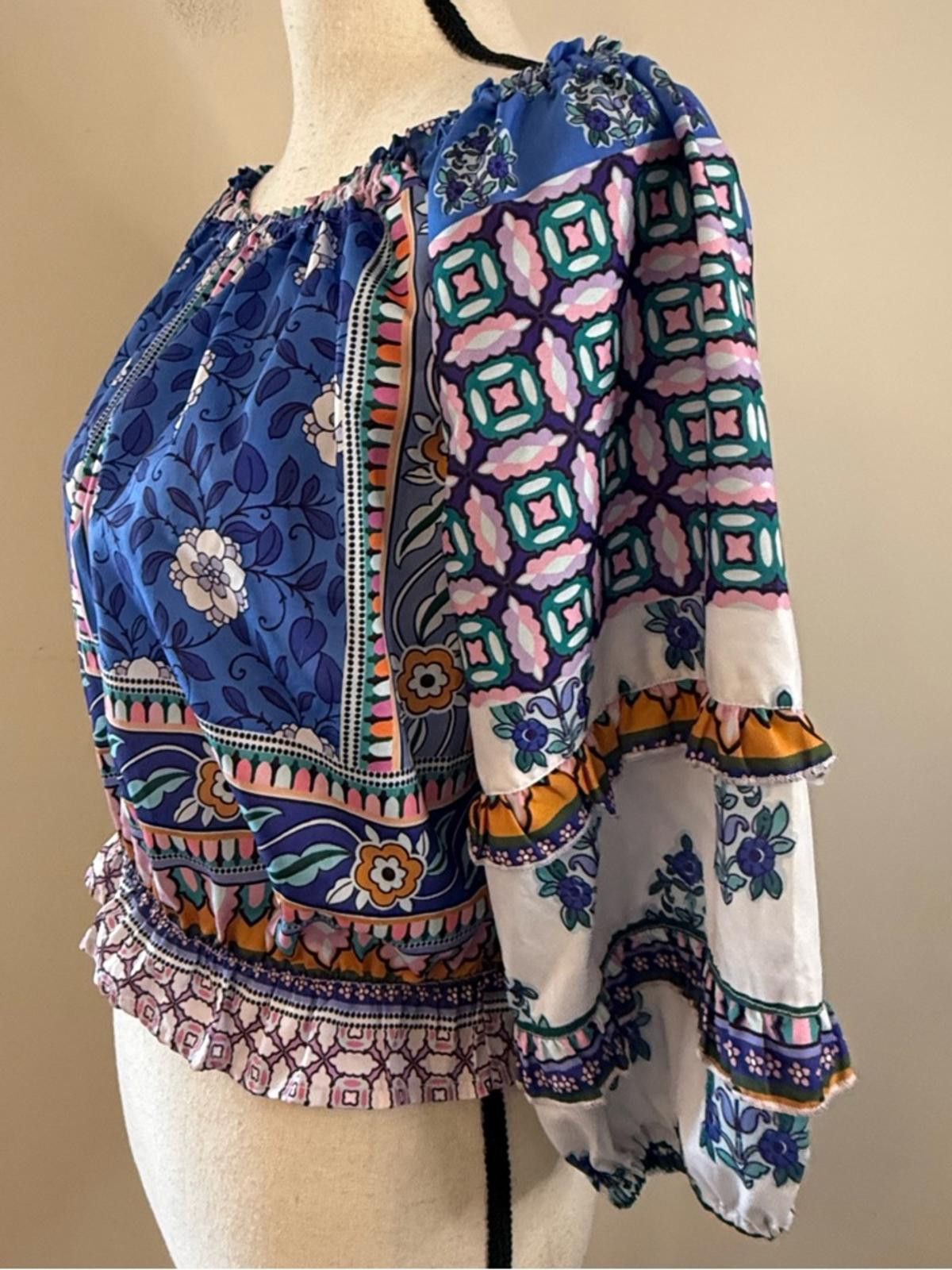 Other Rachel Zoe boho crop top blue multicolor puff sleeves SZ SM Size S / US 4 / IT 40 - 3 Thumbnail
