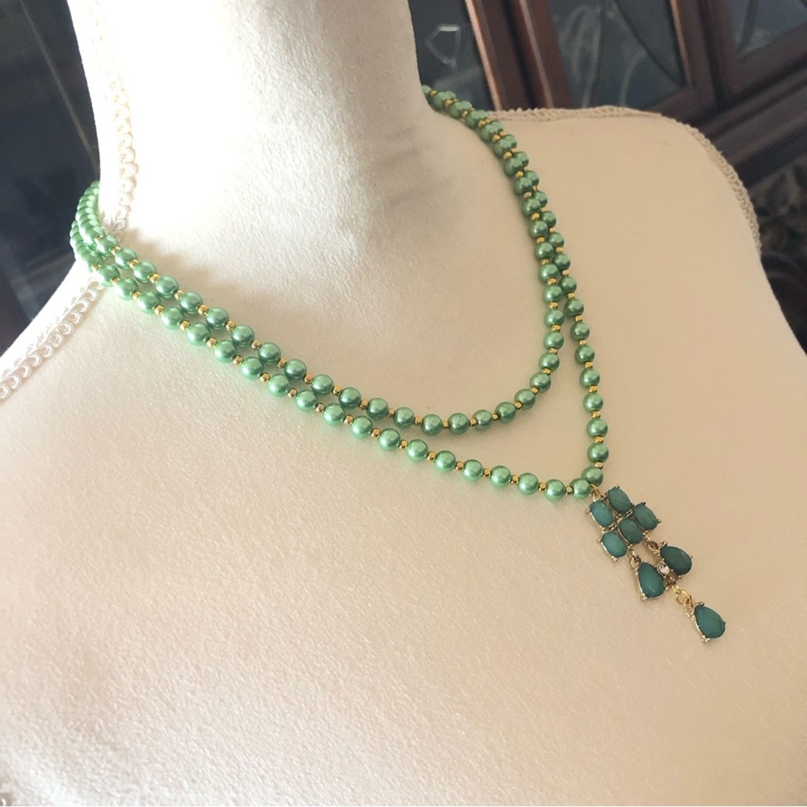 Handmade Handcrafted green Czech Pearl genuine prehnite necklace Size ONE SIZE - 3 Thumbnail