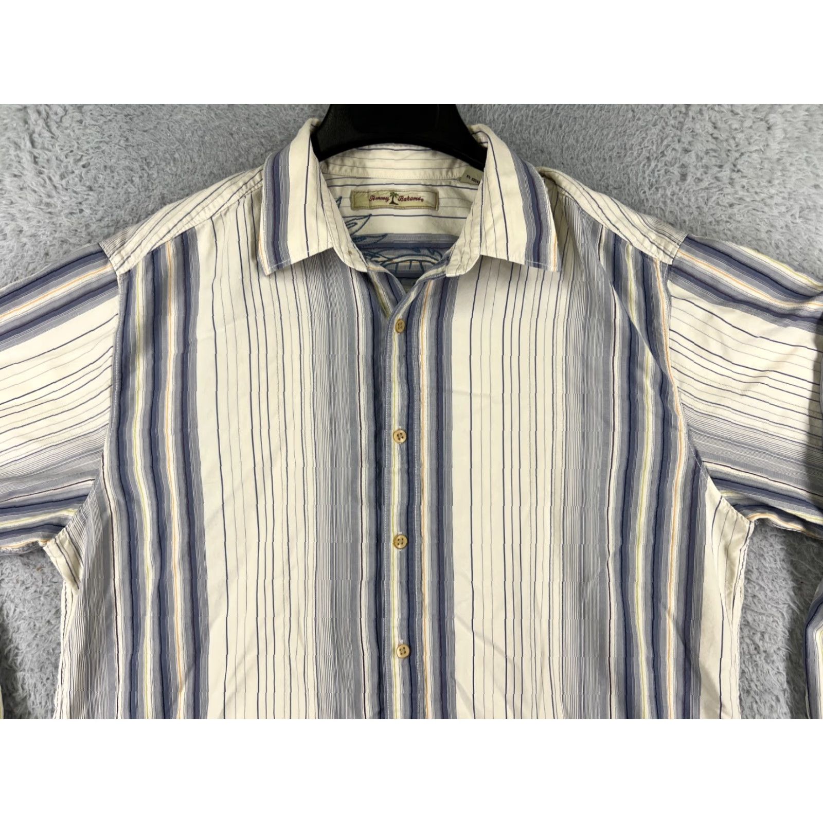 Tommy Bahama Tommy Bahama Shirt Mens Large Beige Blue Stripe Button Up Hawaiian 100% Silk Size US L / EU 52-54 / 3 - 6 Thumbnail