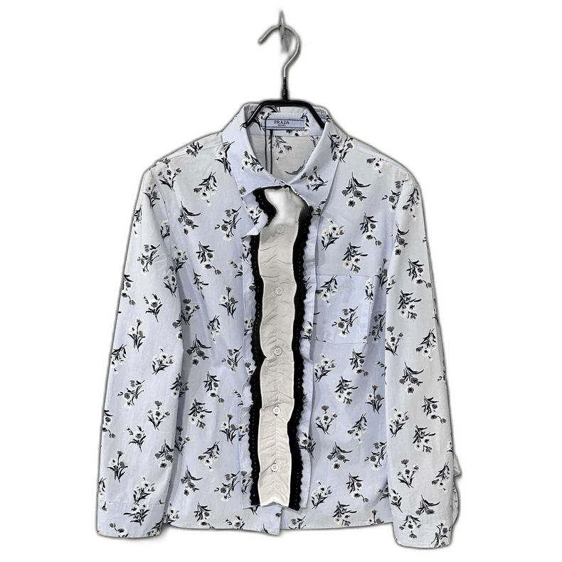Prada Floral Blue Blouse with Ruffled Details -2505 Size M / US 6-8 / IT 42-44 - 1 Thumbnail