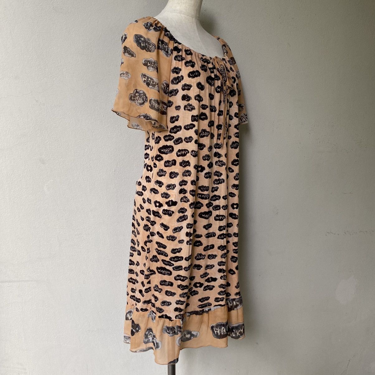 Tsumori Chisato Tsumori Chisato Beige Printed Dress Puff Sleeves Tie Neck Size XS / US 0-2 / IT 36-38 - 4 Thumbnail