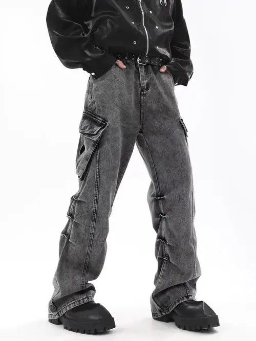 Retro washed distressed stacked cargo jeans