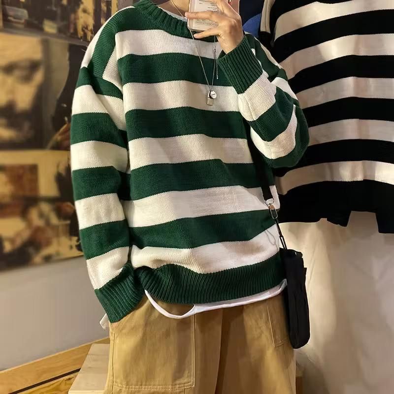 image of Stripe Knitted Sweater Men Autumn Winter Baggy in Green (Size Large)