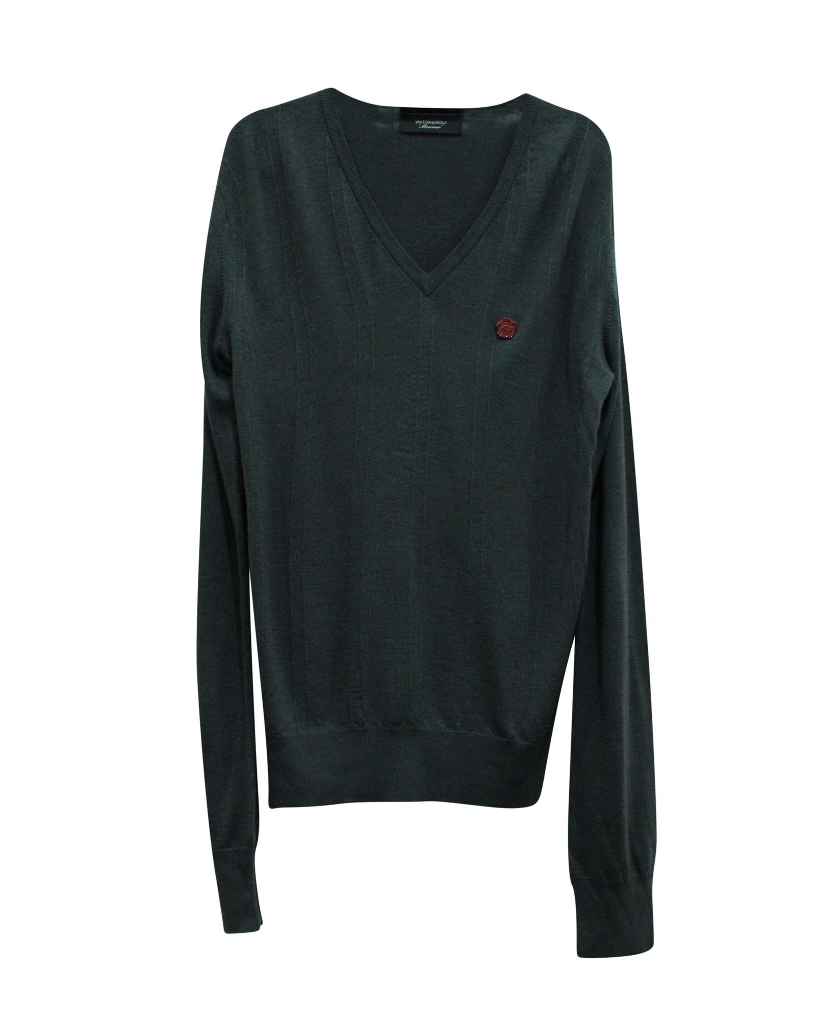 image of Viktor Rolf Soft Grey Wool V-Neck Sweater With Logo Pin By Viktor & Rolf, Men's (Size Small)