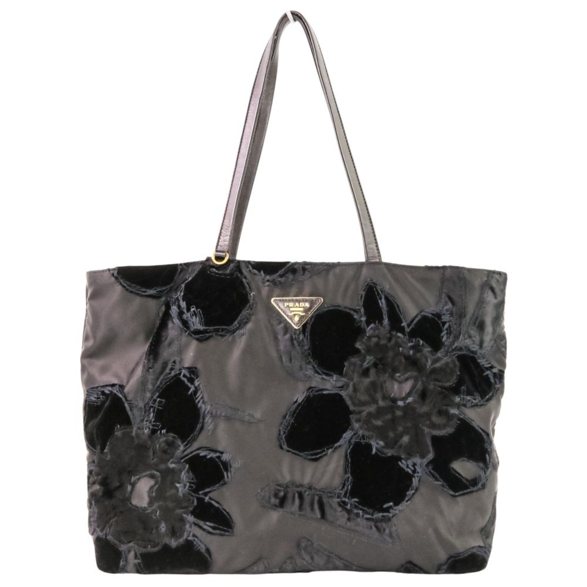 Prada PRADA Velvet Flower Nylon Tote Bag, Black, Women's Size ONE SIZE - 1 Thumbnail