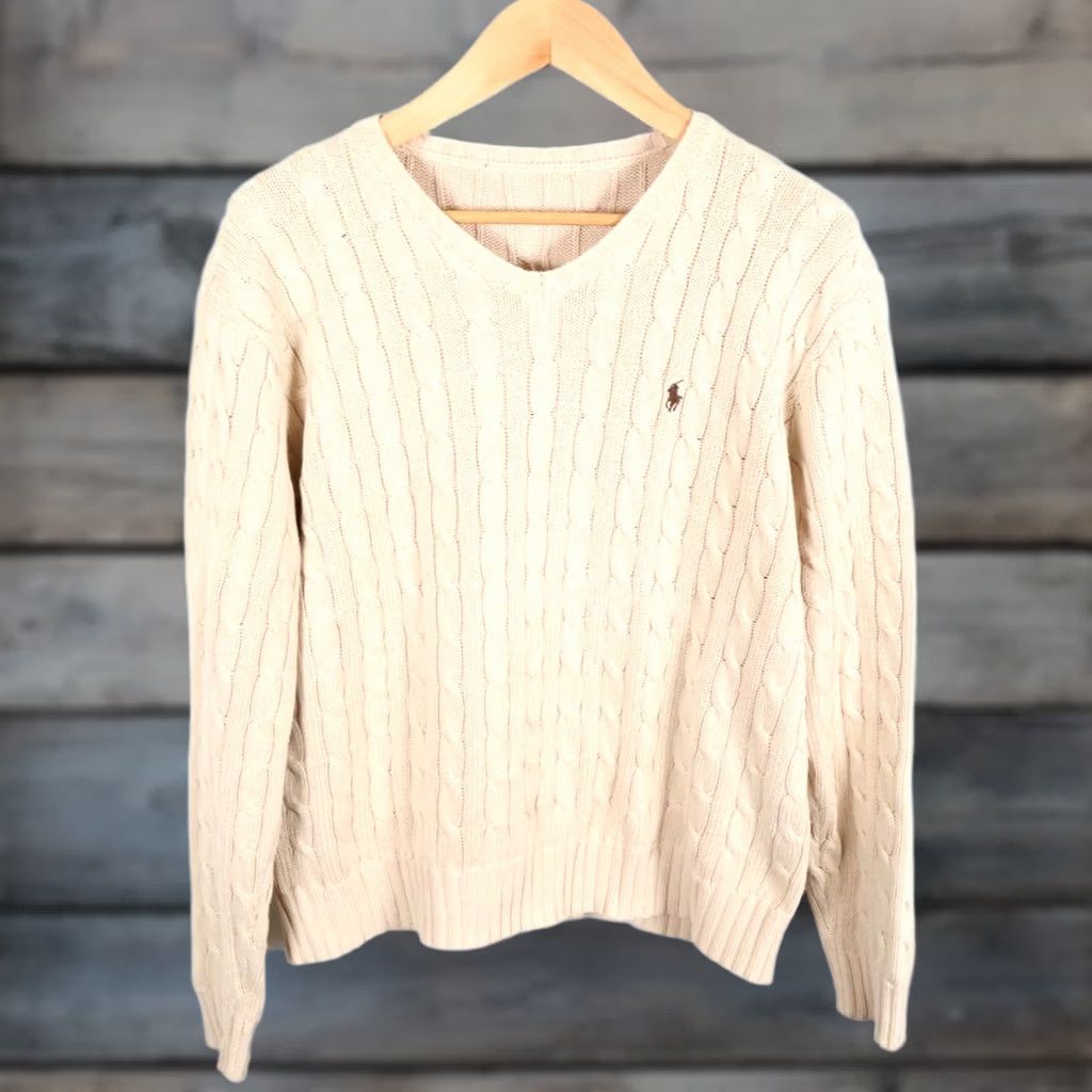 Polo Ralph Lauren VINTAGE Polo Ralph Lauren Sweater Shirt Mens XL Beige Cable Knit Cotton V-Neck Heavyweight Size US XL / EU 56 / 4 - 1 Thumbnail