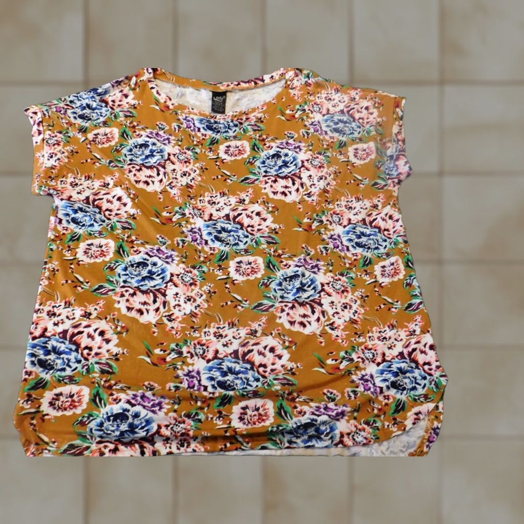 Vintage Lildy Womens Blouse L Orange Floral Stretch Top Crew Neck Short Sleeve Pullover Casual Regular Polyester Rayon Button-Up Vintage No Size L / US 10 / IT 46 - 1 Thumbnail