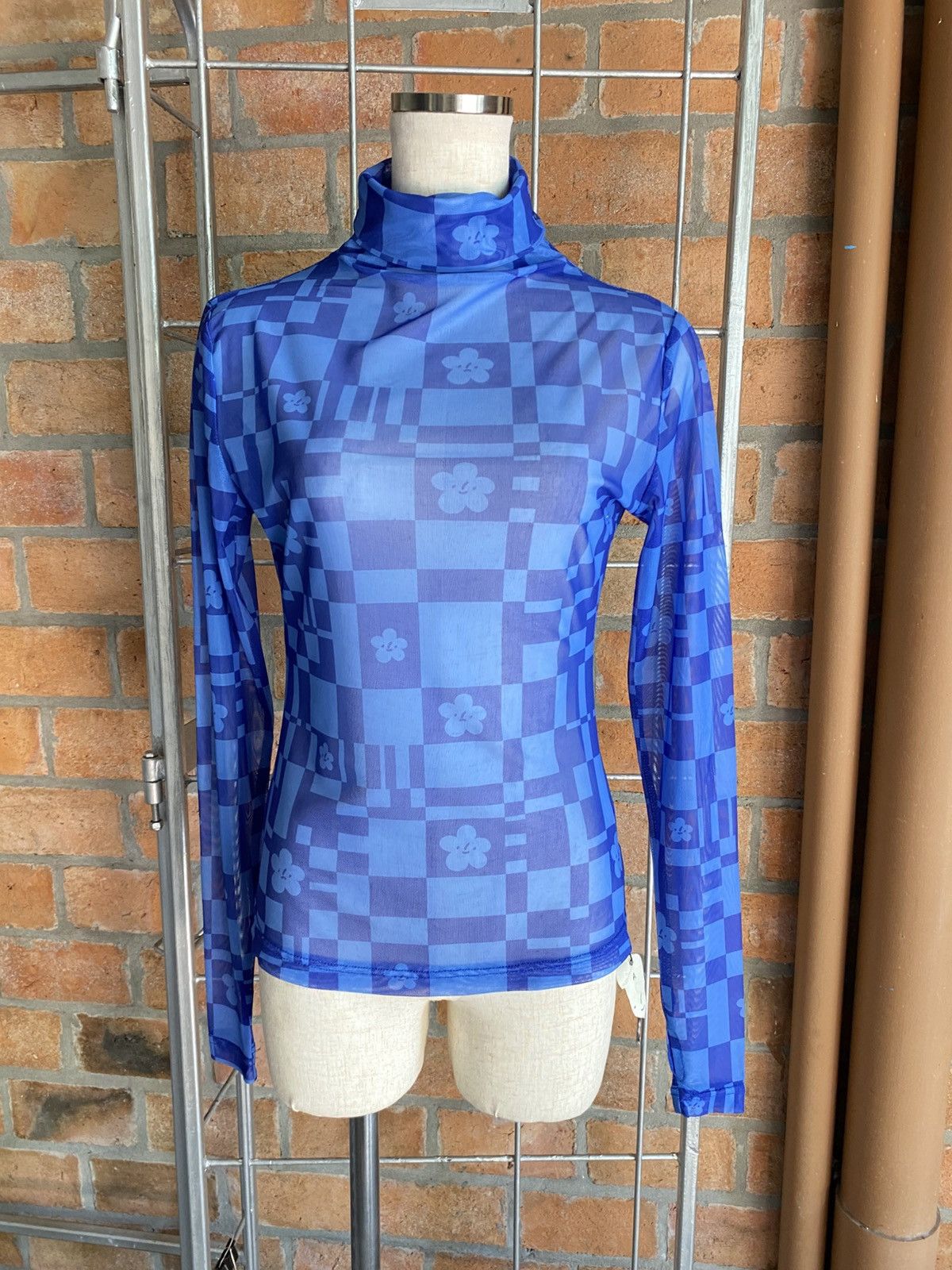 Japanese Brand Blue Sheer Checkered Floral Turtleneck Top Size S / US 4 / IT 40 - 13 Thumbnail