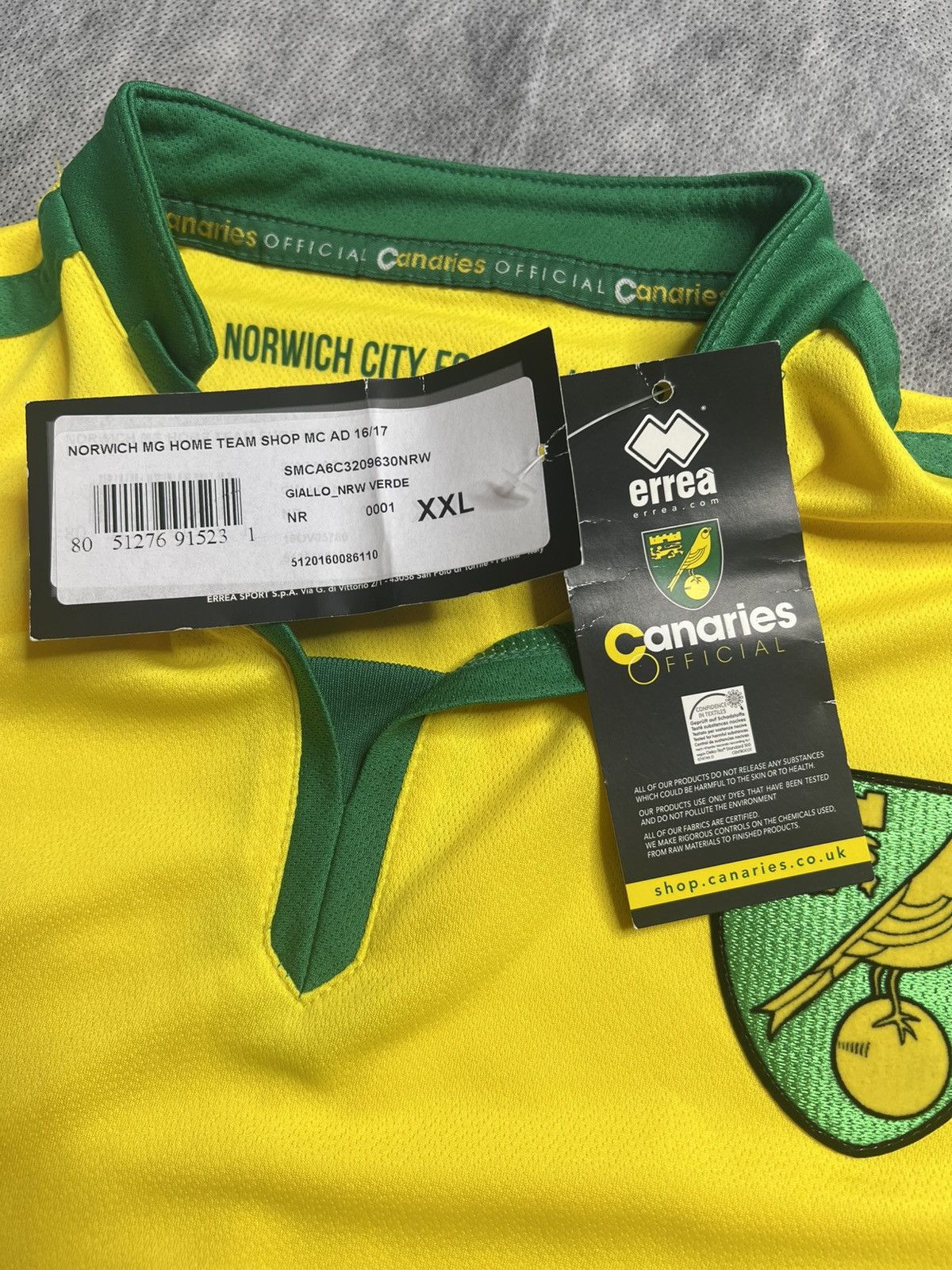 Errea Norwich City Football Shirt Errea XXL Home Kit Jersey 2016 Size US XXL / EU 58 / 5 - 19 Thumbnail
