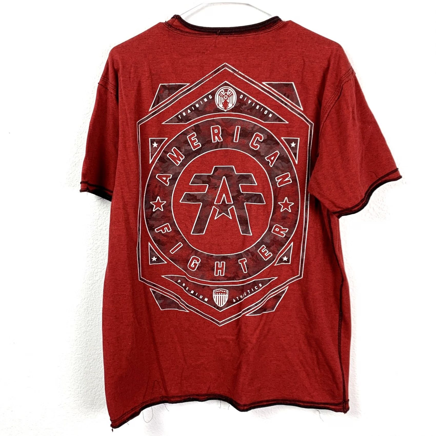Vintage American Fighter T-Shirt Mens L Red Short Sleeve Graphic Print Tee MMA USA Fighter 90s Dock Distressed Raw Edge Graphic Double-Sided Crew Neck Size US L / EU 52-54 / 3 - 6 Thumbnail