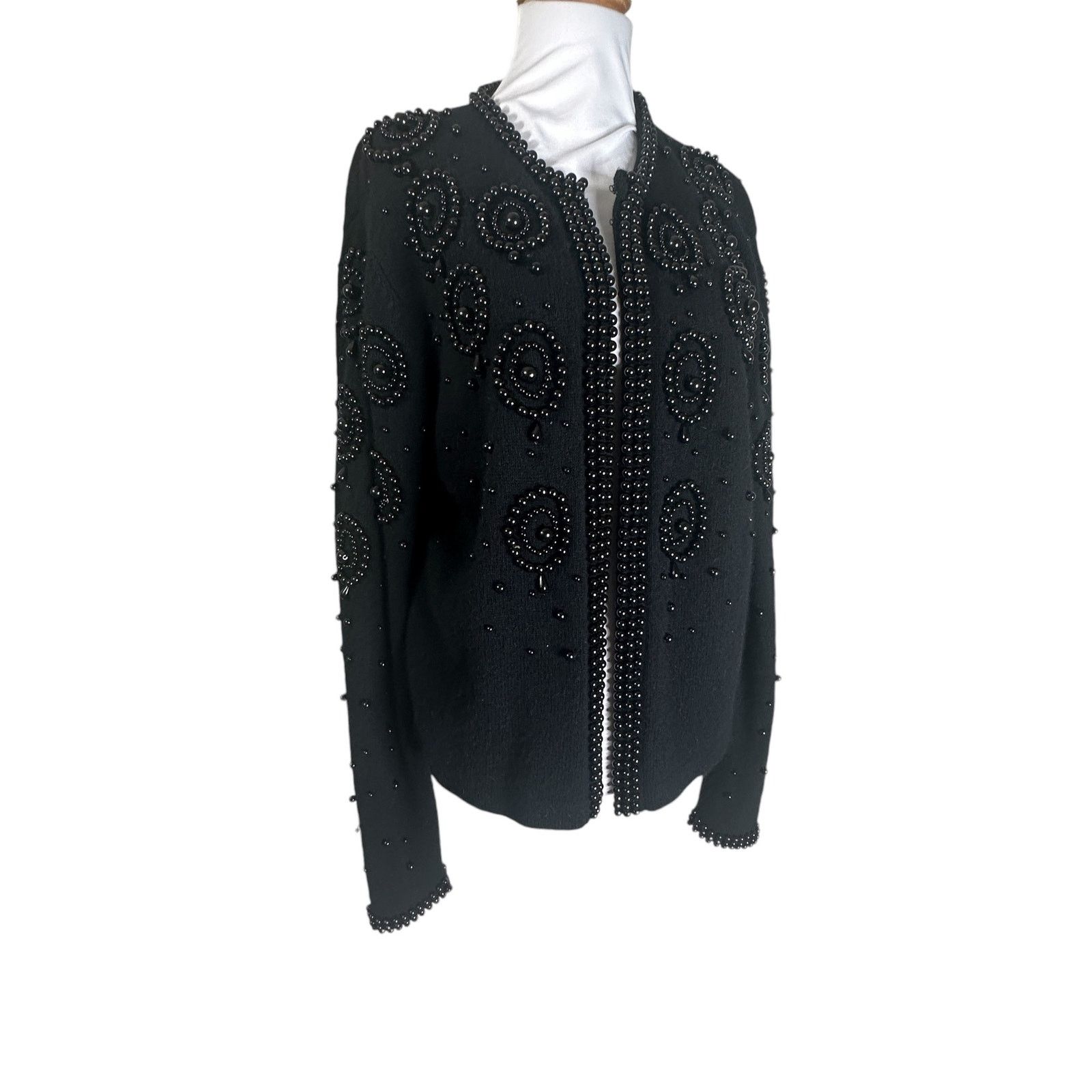 Vintage Vintage 1980s Black Wool Beaded Cardigan Sweater Large Size L / US 10 / IT 46 - 2 Thumbnail